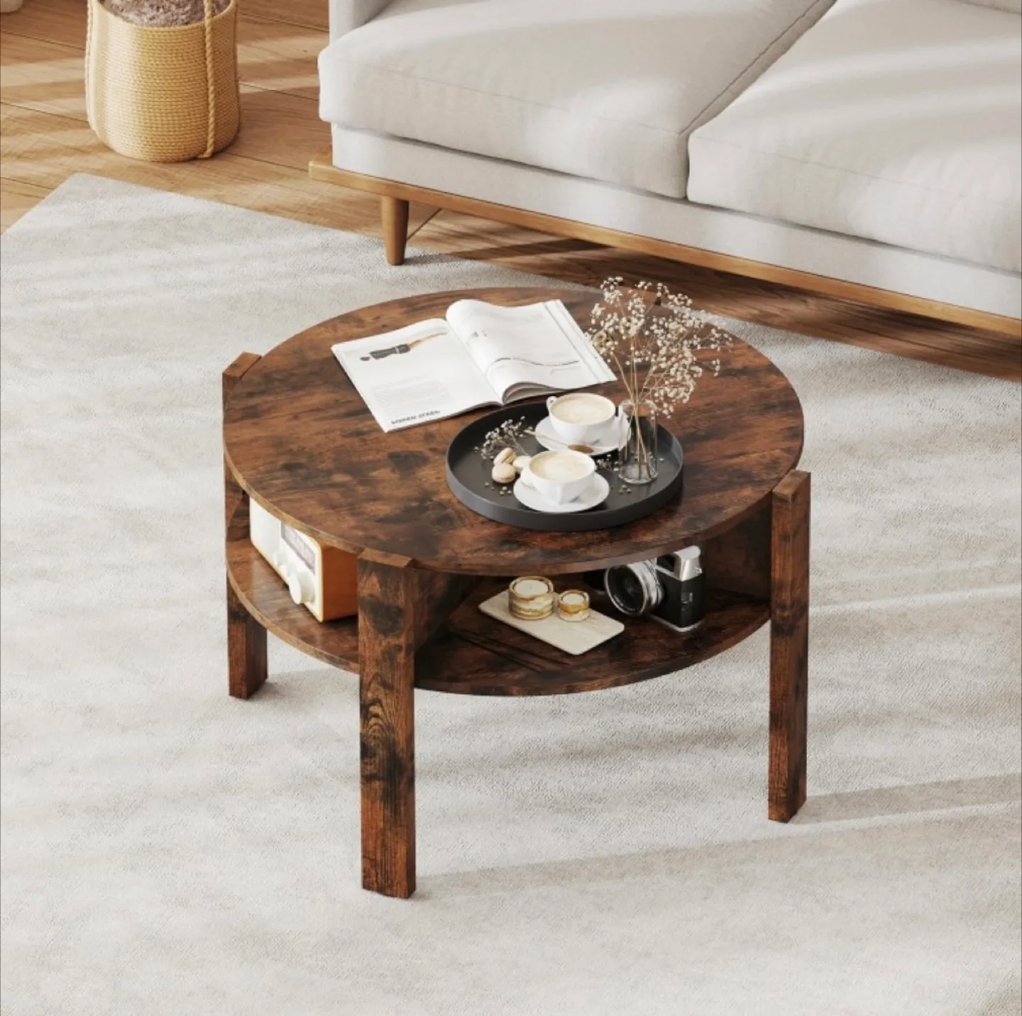 Round Coffee Table with Storage Shelves for Small Space image indicator(2)