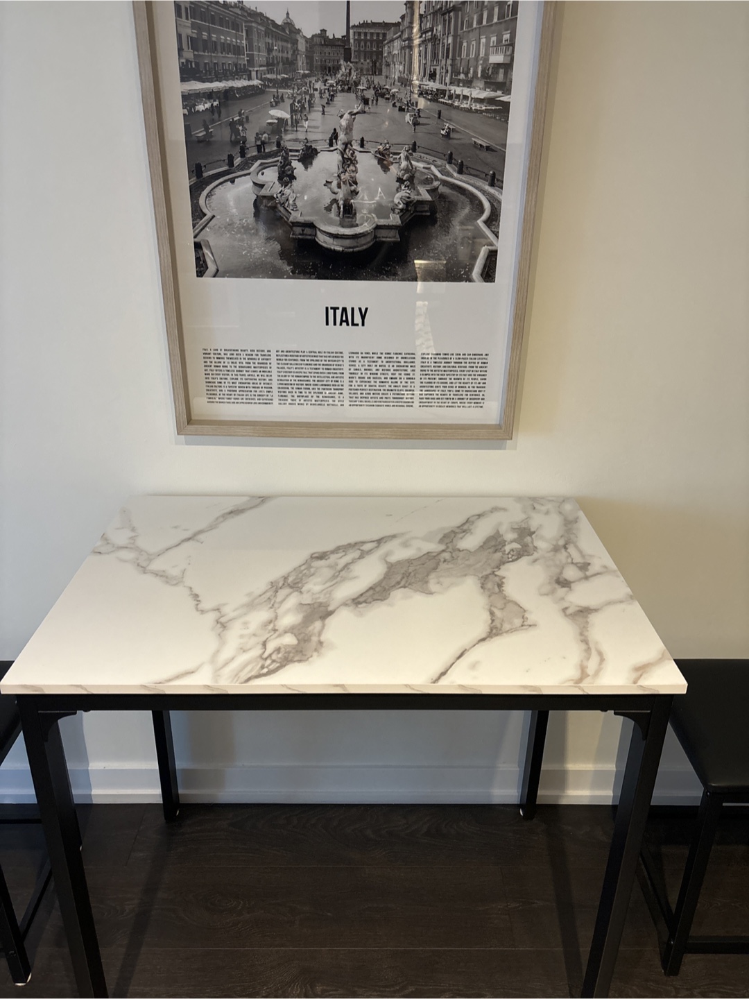 Faux Marble Top Table with 2 Black Stools