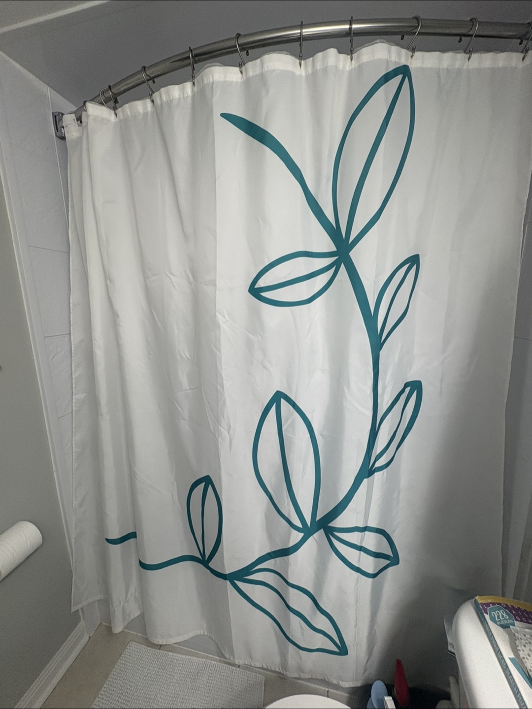 Shower Curtain - White with Teal Leaf Design - photo 2