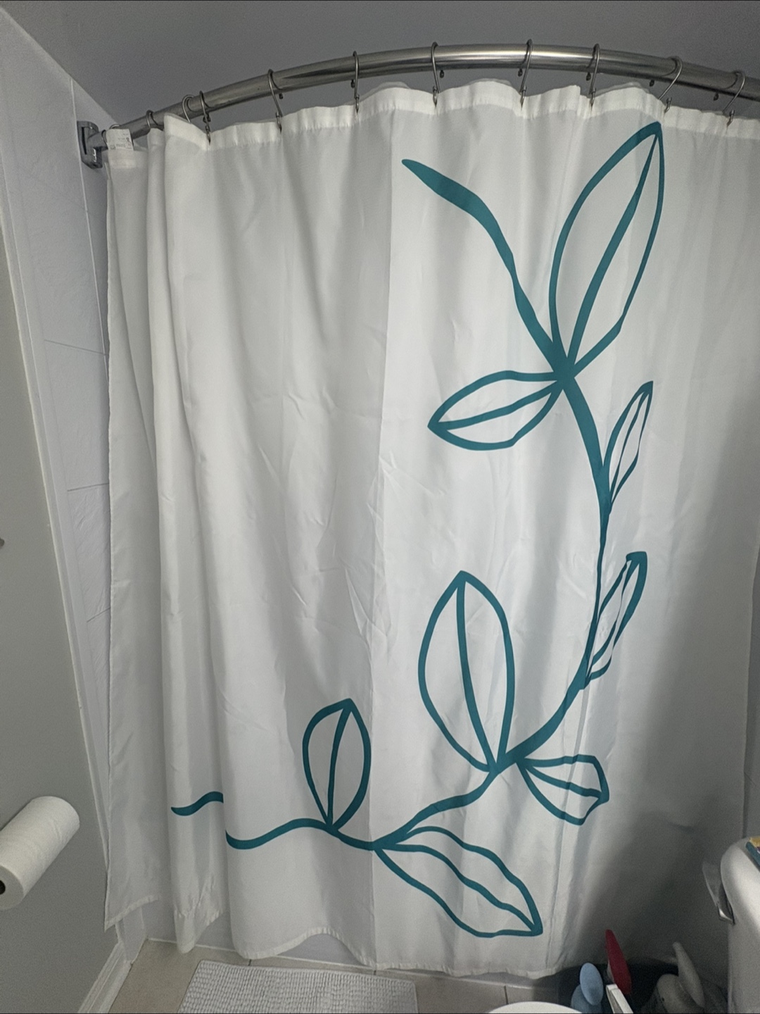 Shower Curtain - White with Teal Leaf Design