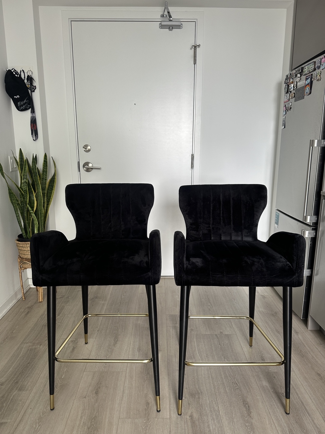 4 Black Velvet Bar Stools, Priced Each.
