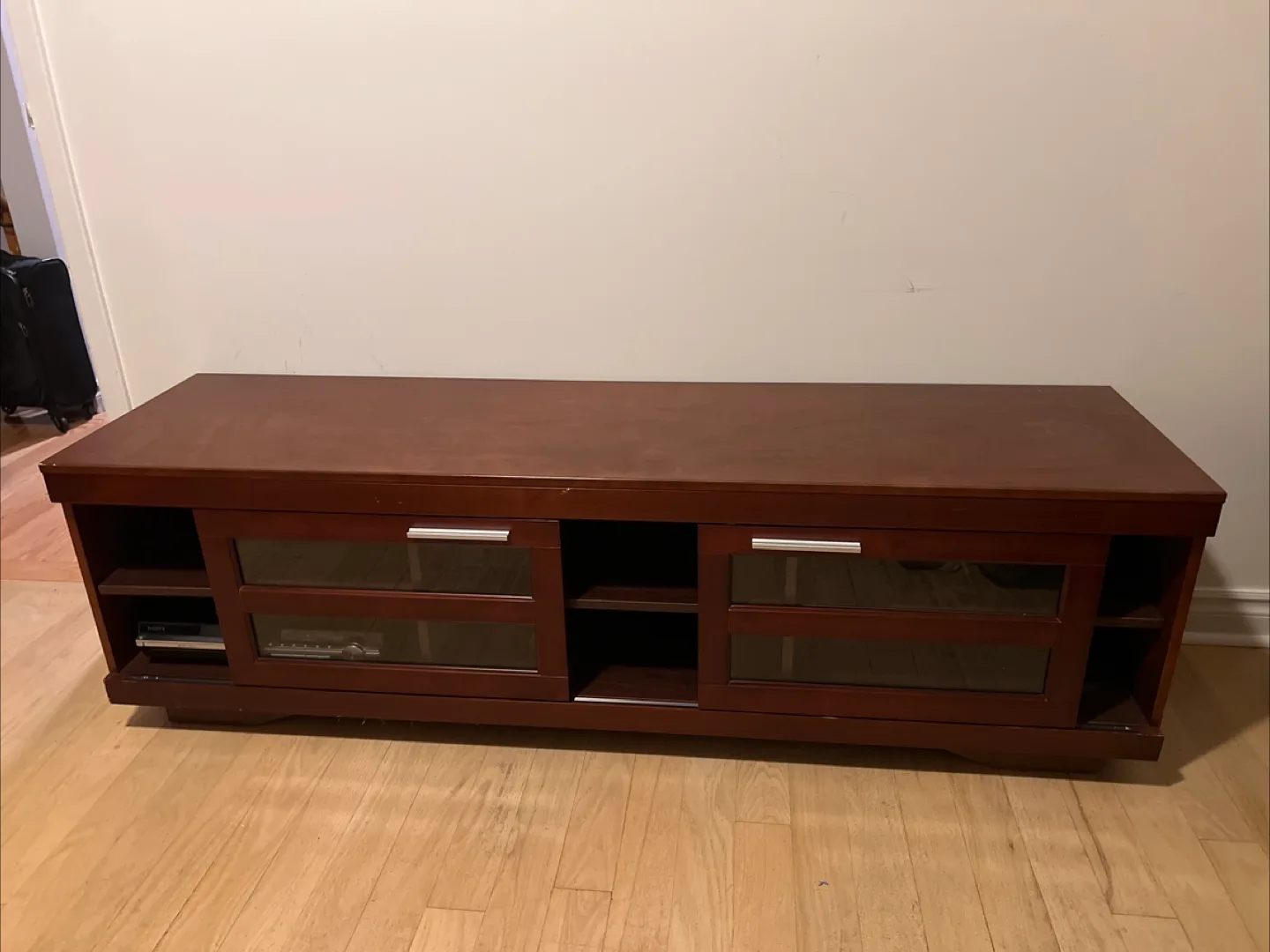 Brown TV Stand with sliding Glass Doors thumbnail