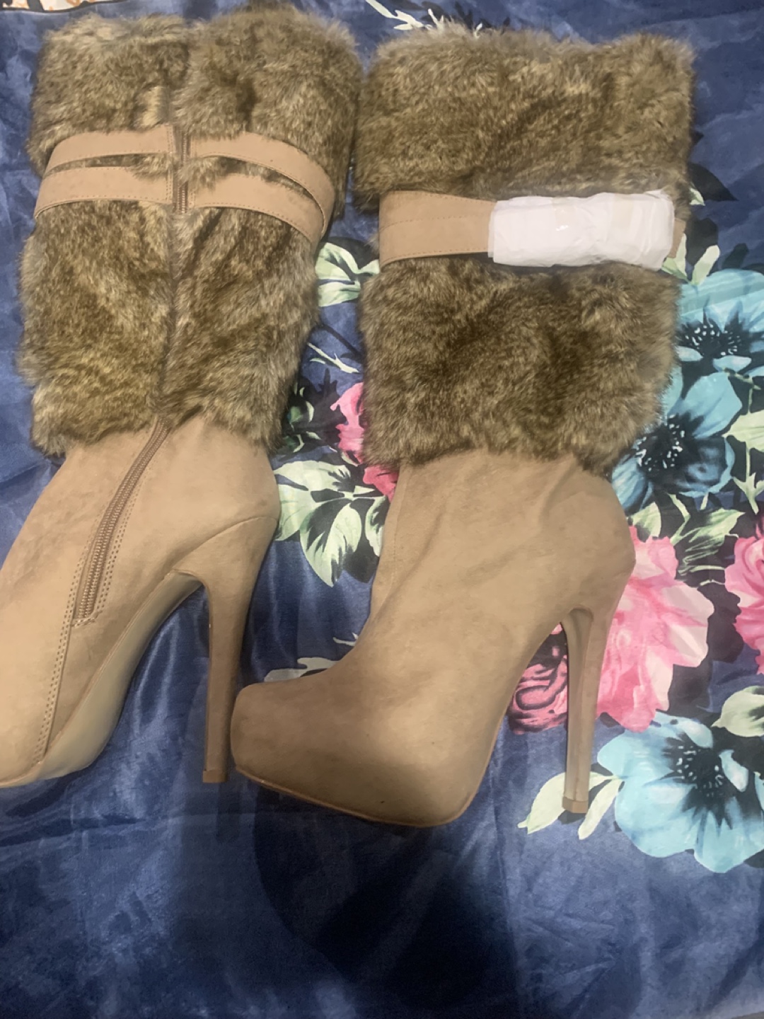 Beige Fur High Heel Boots