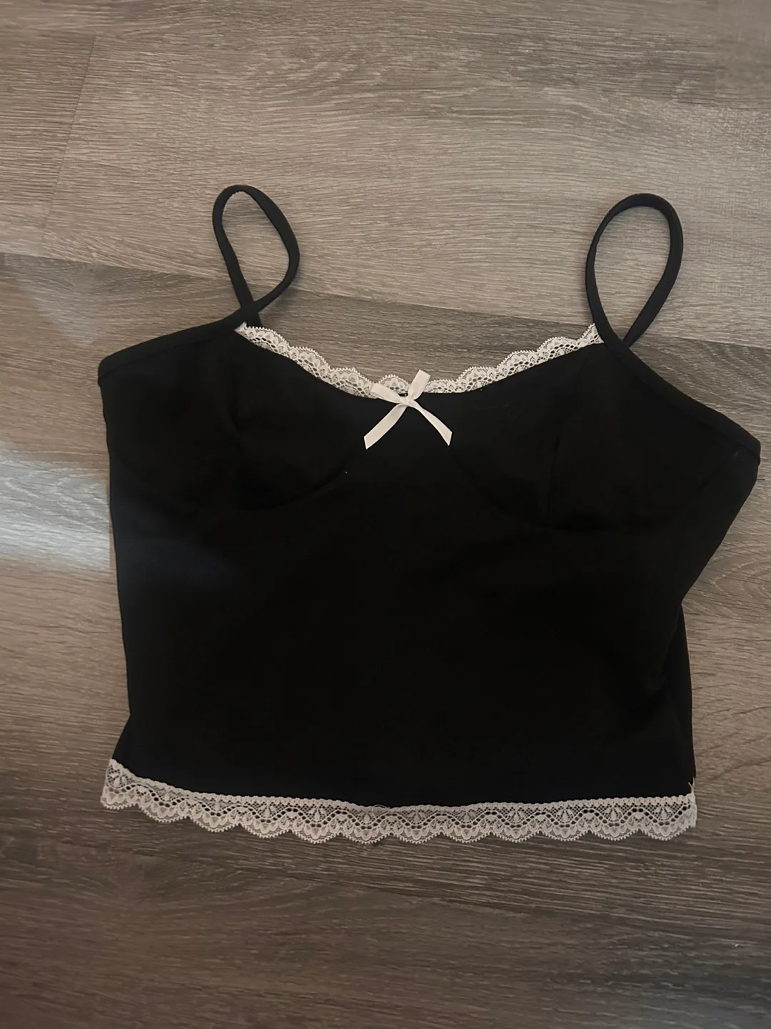 Black Crop Top with White Lace Trim thumbnail