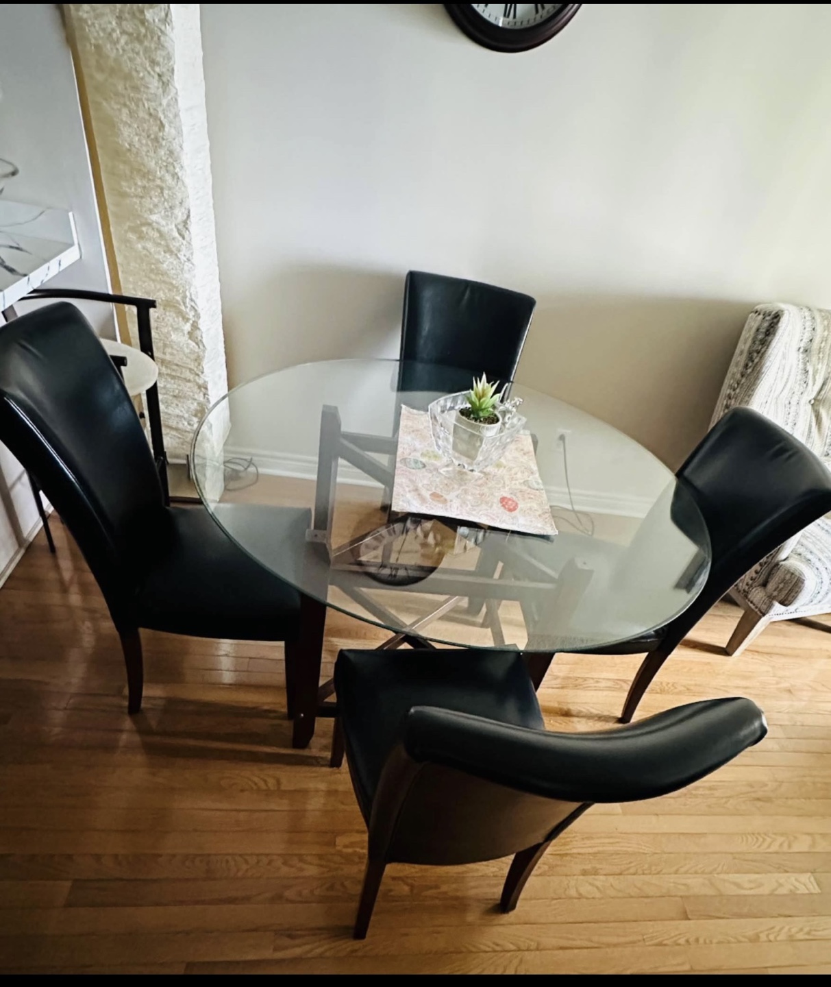 Round Glass Dining Table with 4 Black Chairs - photo 2