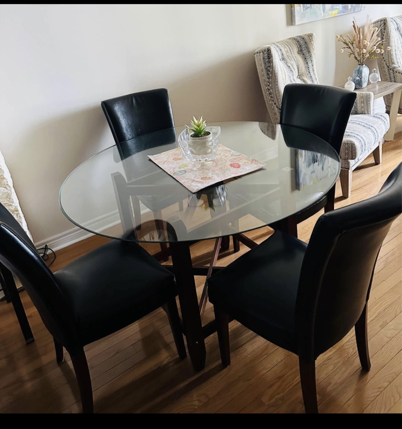 Round Glass Dining Table with 4 Black Chairs - photo 3