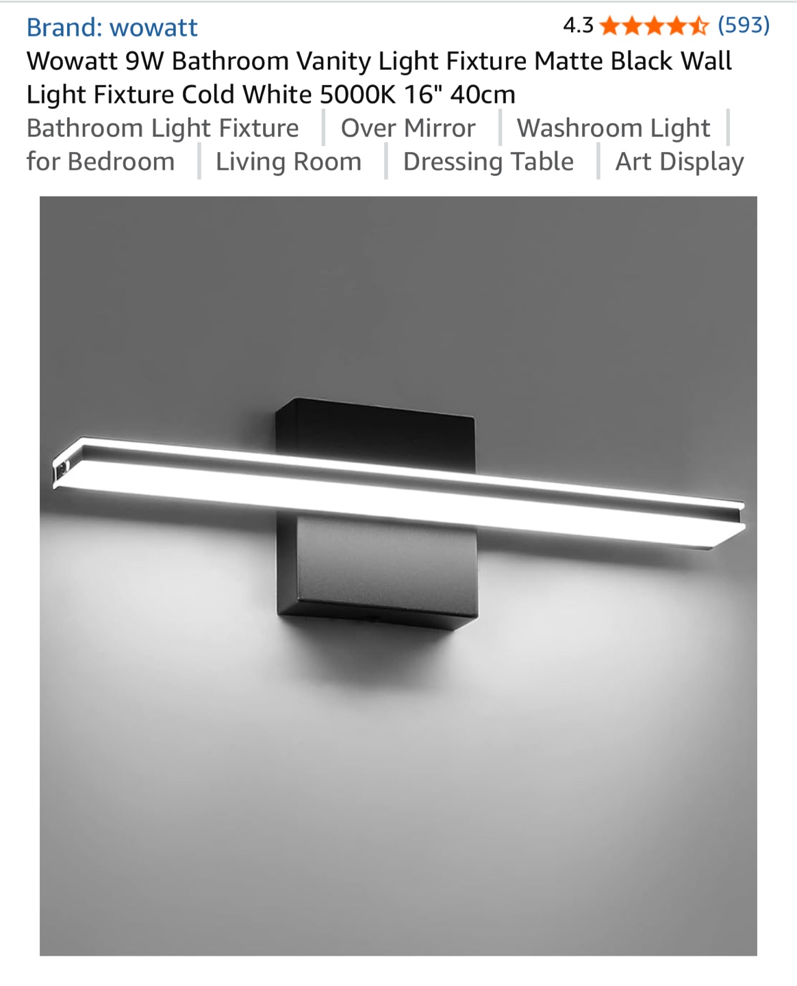 Wowatt 9W Matte Black Vanity Light - 16 inch