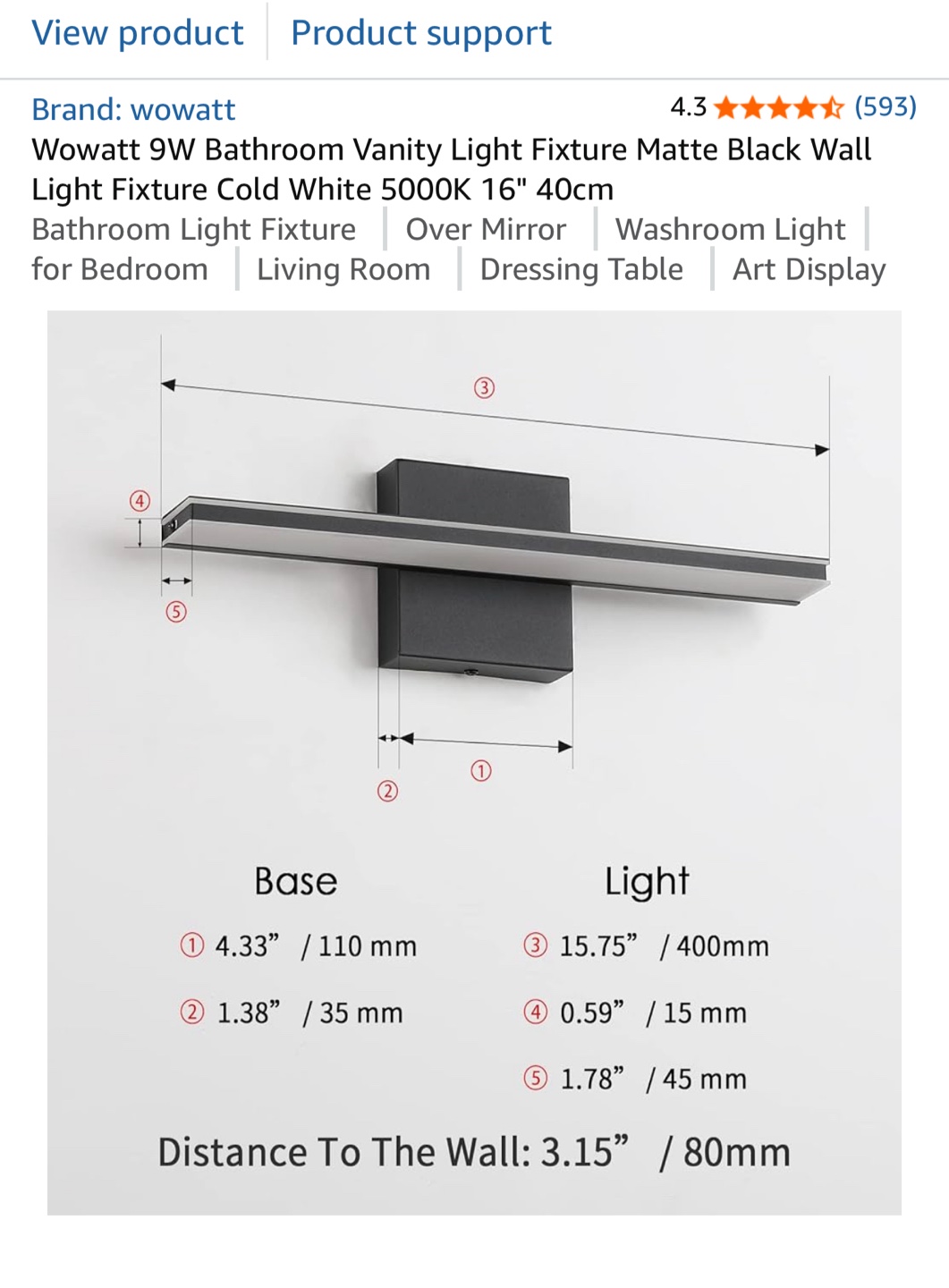 Wowatt 9W Matte Black Vanity Light - 16 inch - photo 4
