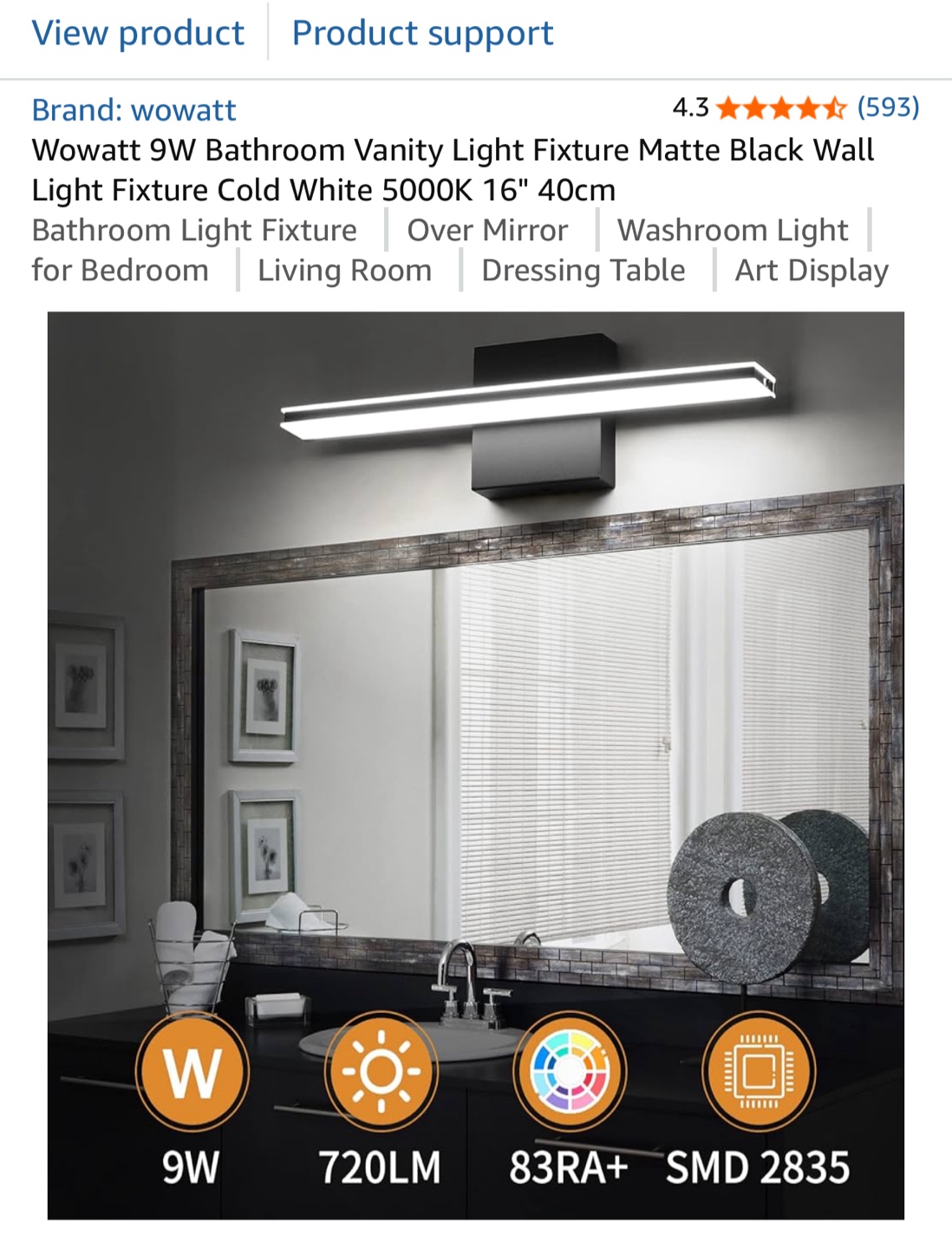 Wowatt 9W Matte Black Vanity Light - 16 inch - photo 2