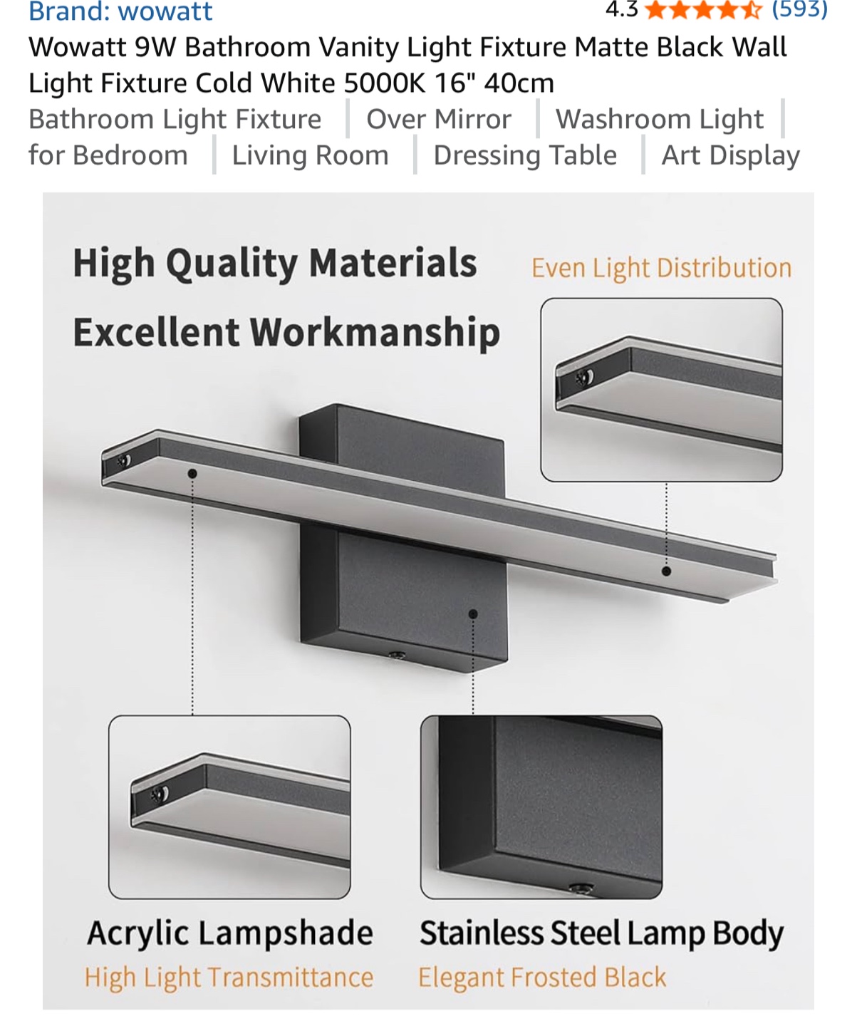 Wowatt 9W Matte Black Vanity Light - 16 inch - photo 3