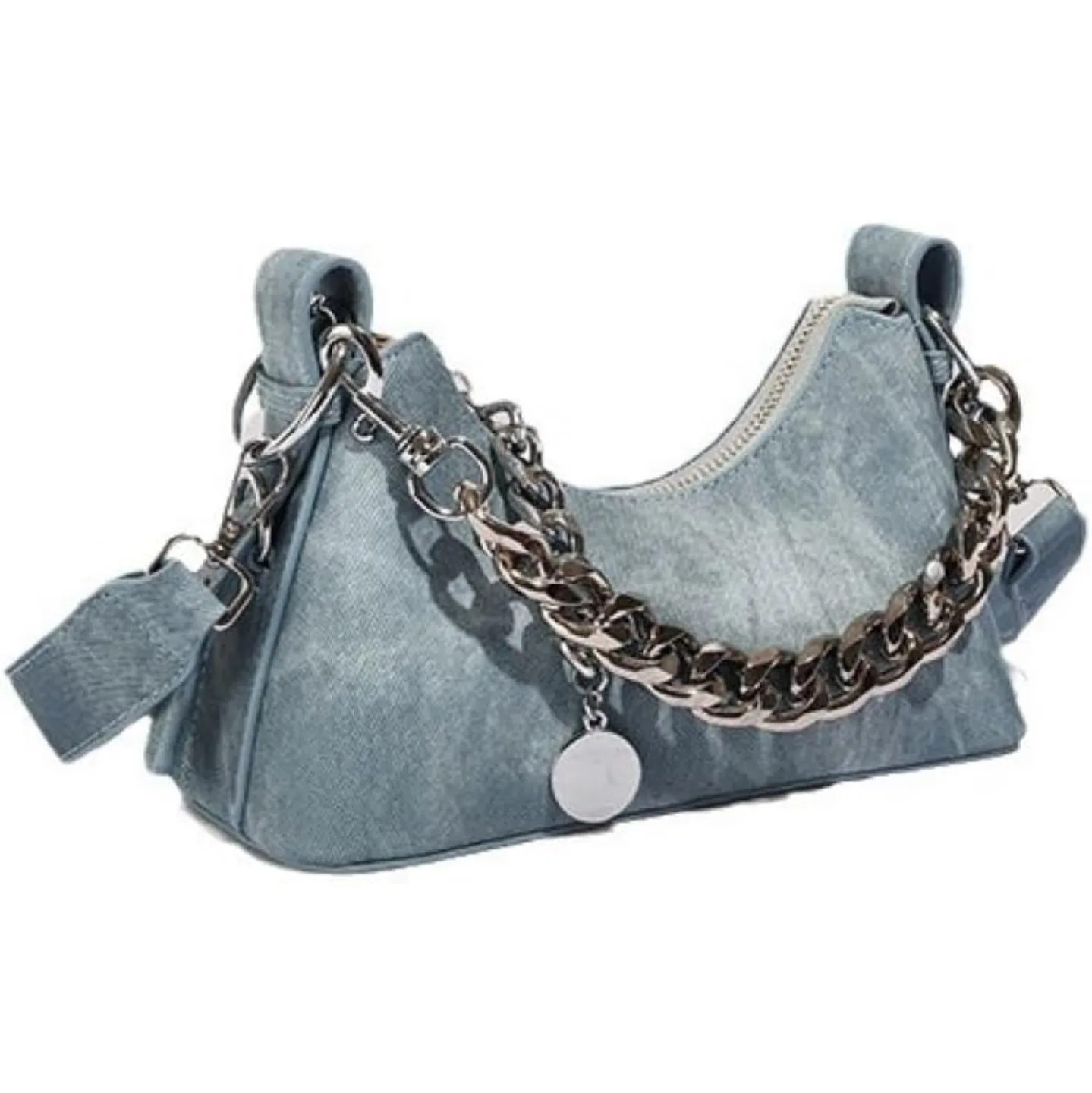 Silver Chain Blue Denim Shoulder Bag thumbnail