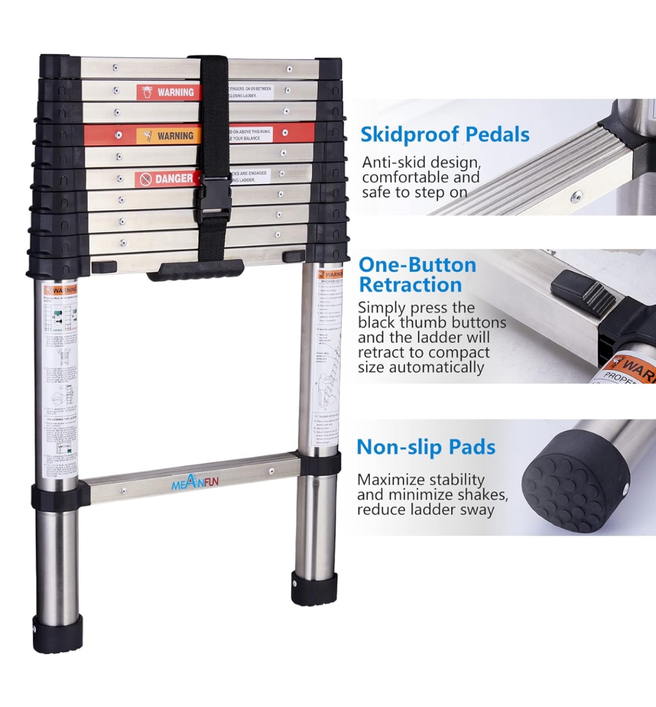 MEANFUN Telescopic Extension Ladder - 10.5ft Max Height - photo 4