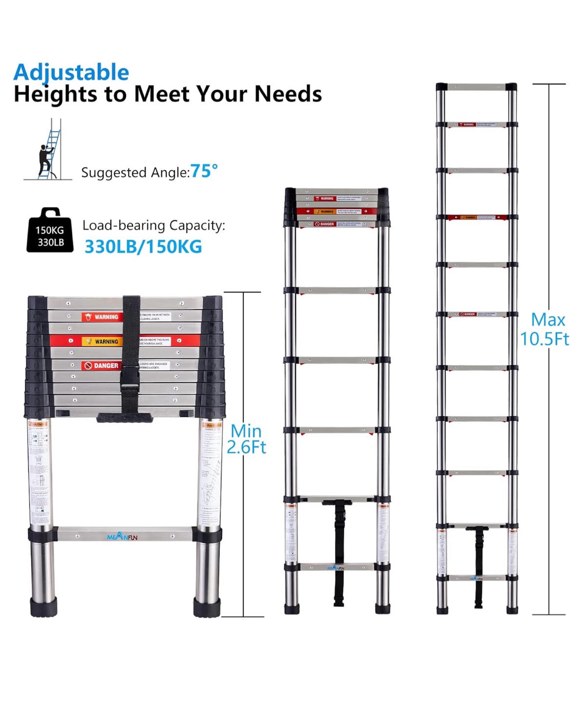 MEANFUN Telescopic Extension Ladder - 10.5ft Max Height - photo 3