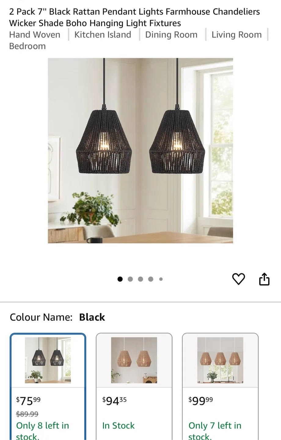 2 Black Rattan Pendant Lights - Farmhouse Style thumbnail