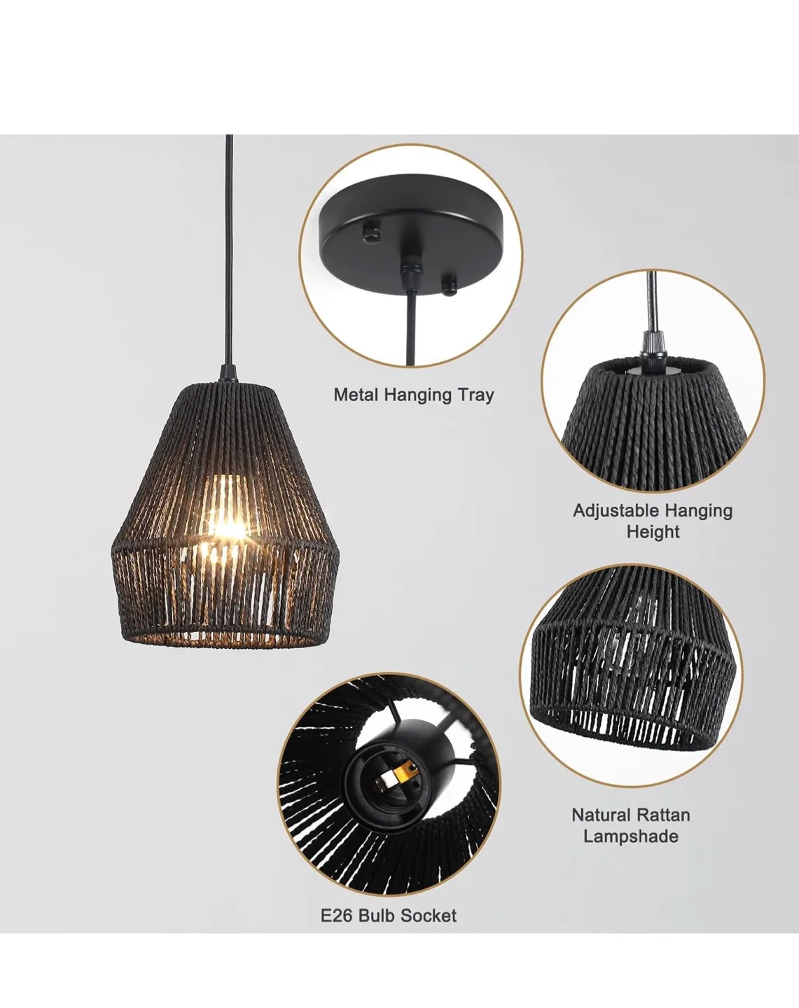 2 Black Rattan Pendant Lights - Farmhouse Style image indicator(2)