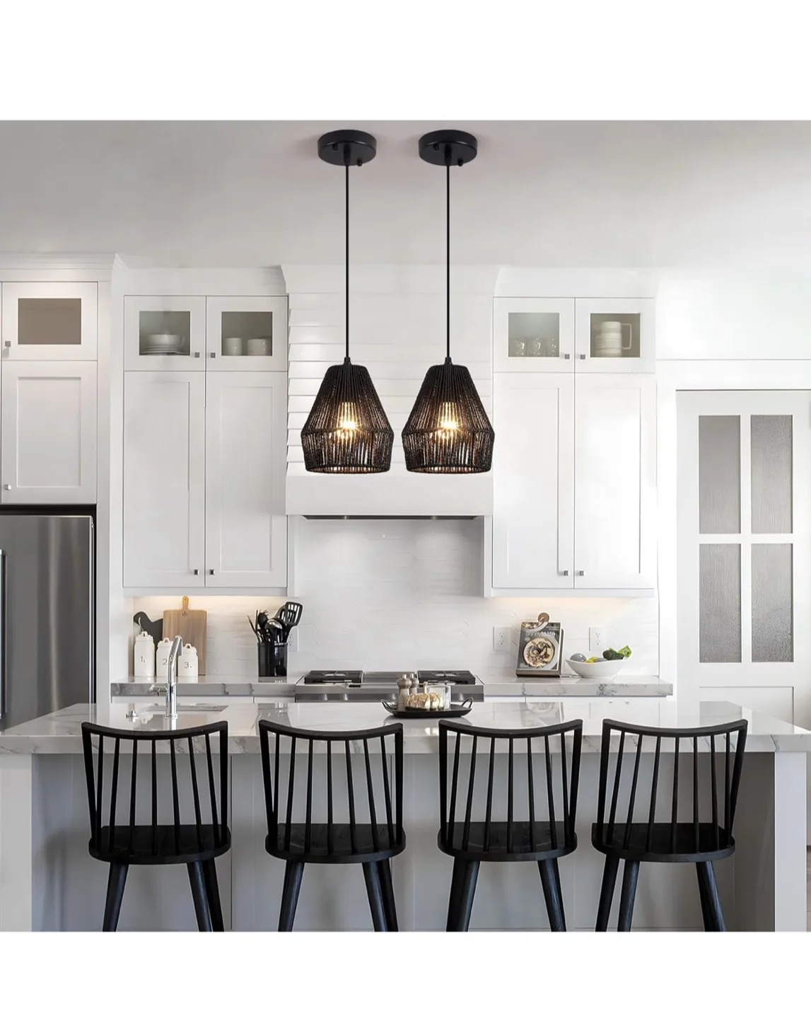 2 Black Rattan Pendant Lights - Farmhouse Style image indicator(6)