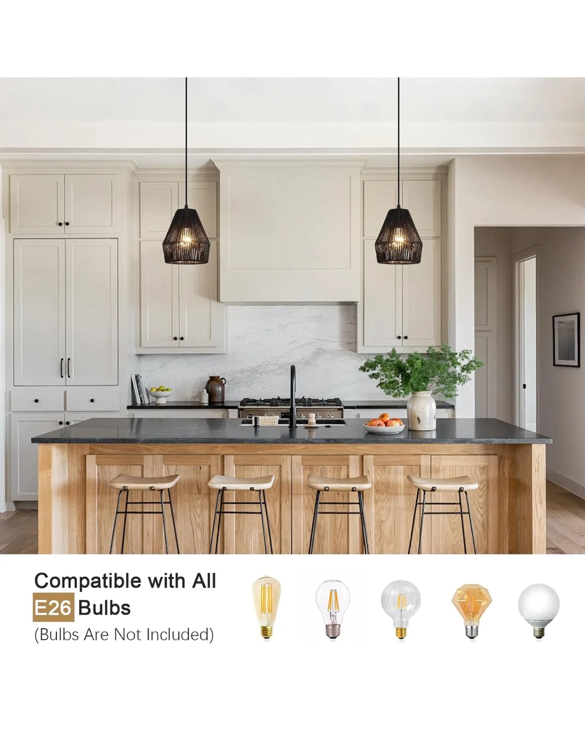 2 Black Rattan Pendant Lights - Farmhouse Style image indicator(5)