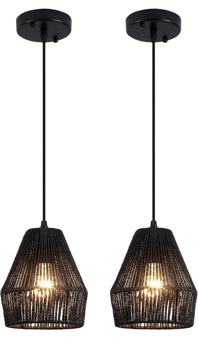 2 Black Rattan Pendant Lights - Farmhouse Style image indicator(8)