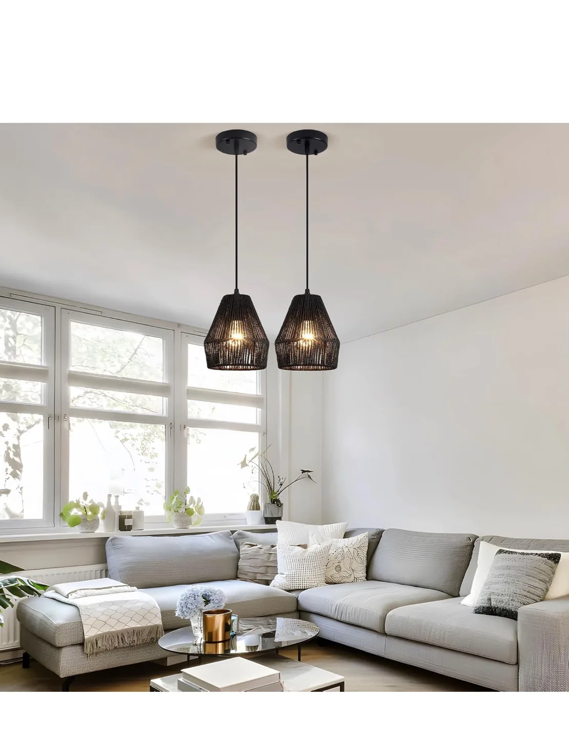 2 Black Rattan Pendant Lights - Farmhouse Style image indicator(7)