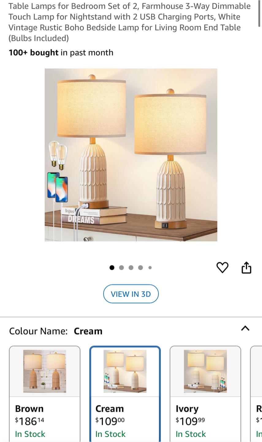 Table Lamp with USB Ports - Cream Color