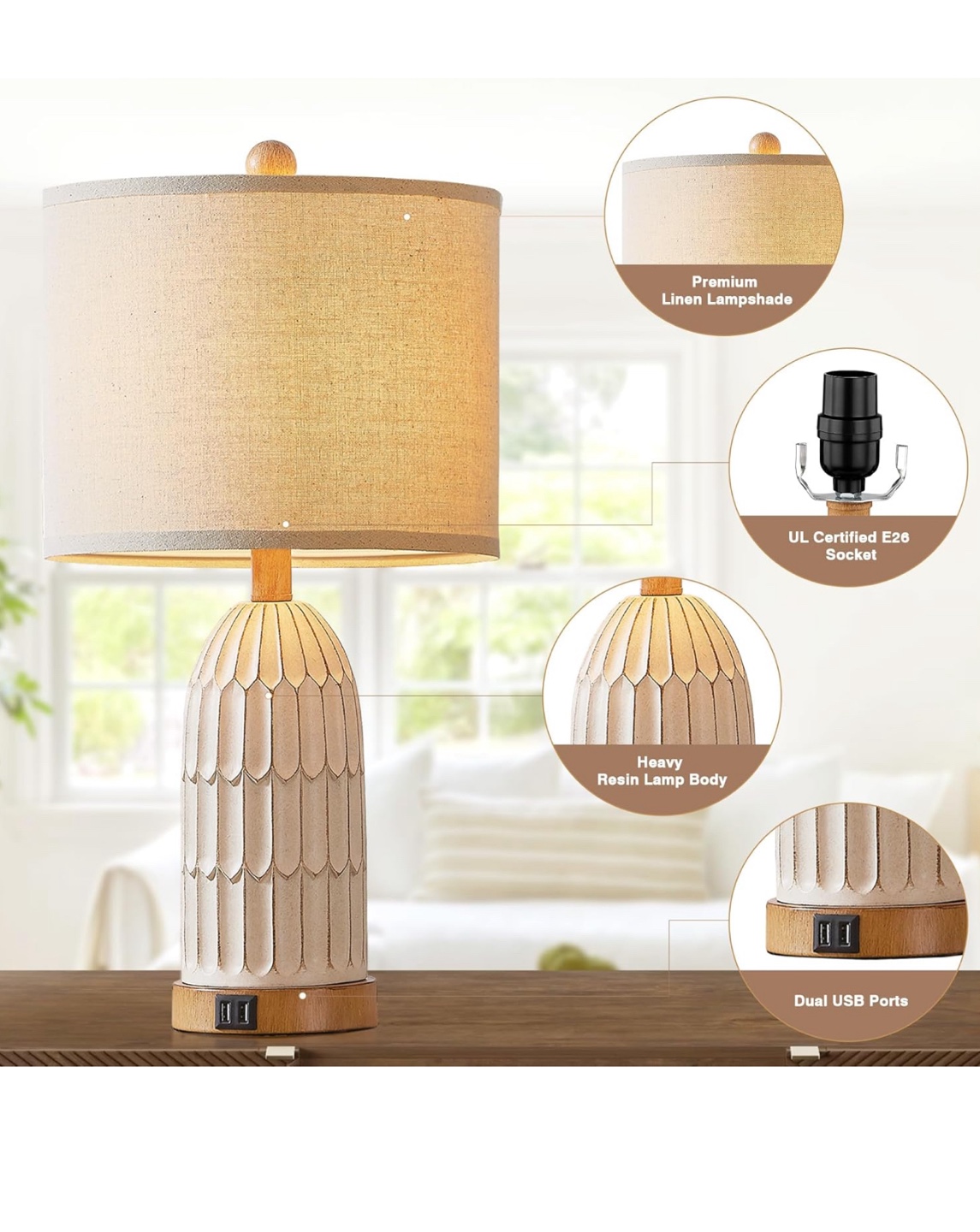 Table Lamp with USB Ports - Cream Color - photo 4