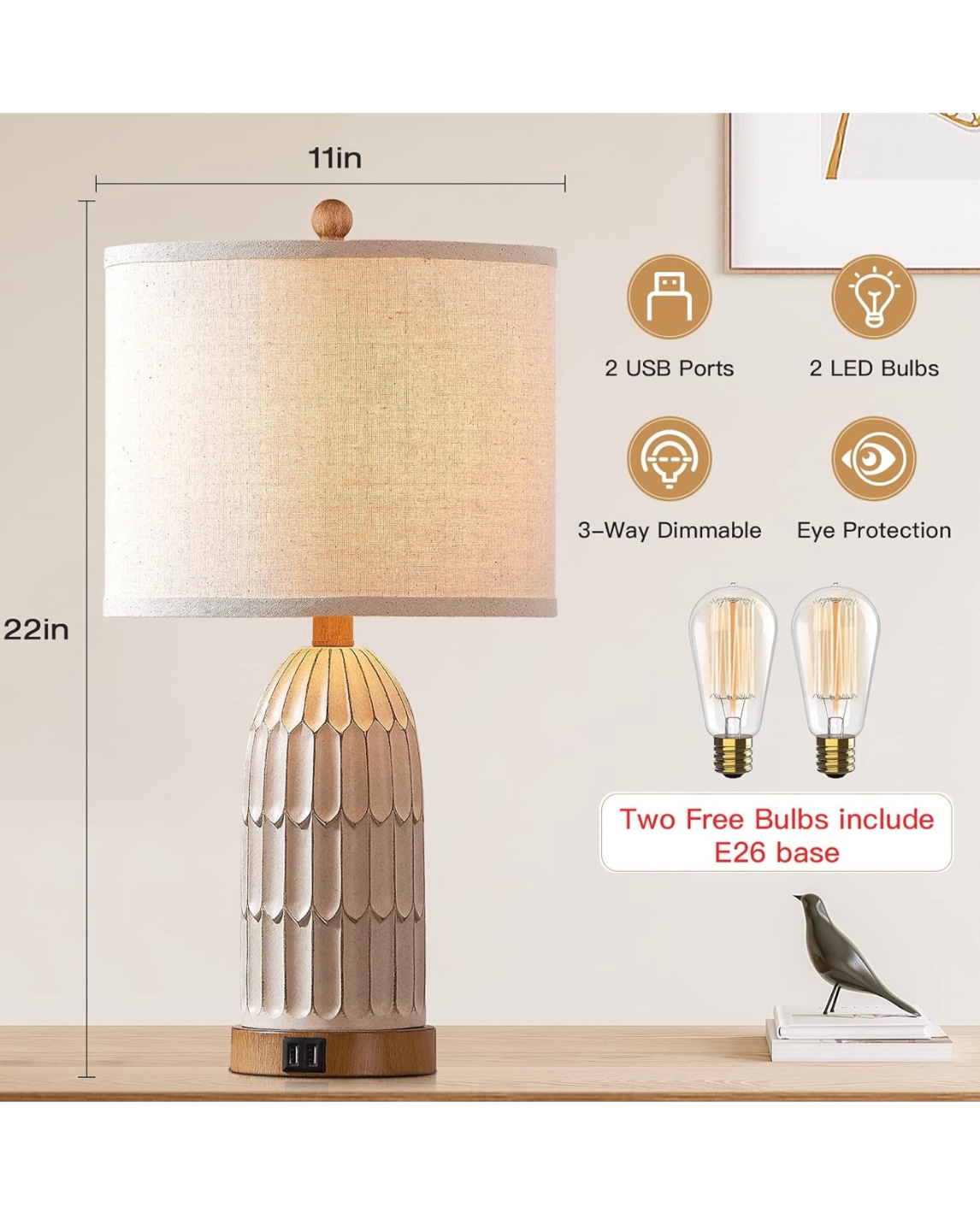 Table Lamp with USB Ports - Cream Color - photo 3