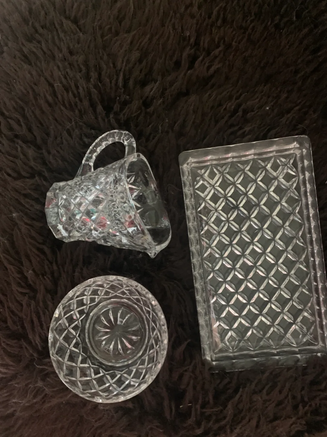 Vintage Diamond Cut Glass Creamer, Sugar Bowl & Tray image indicator(2)