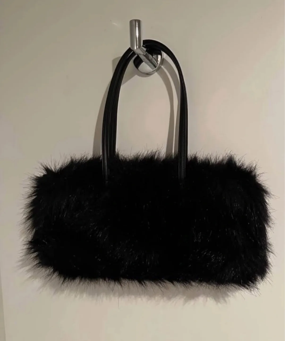 Fuzzy fur Black Purse with zipper and handle thumbnail