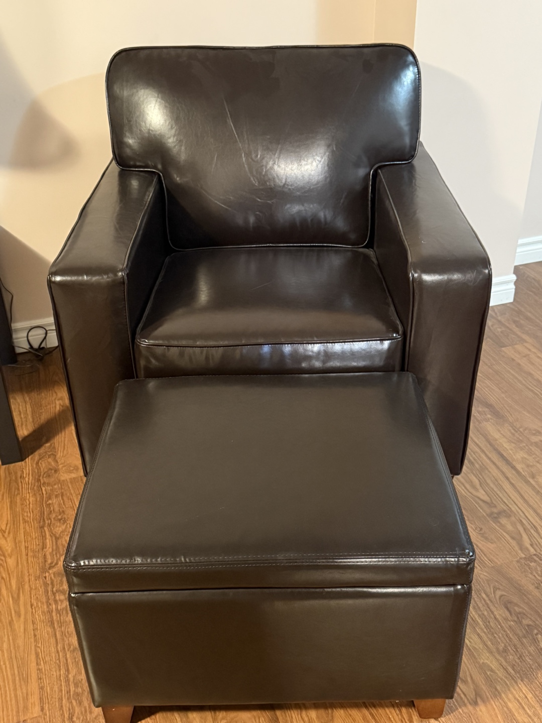 Brown Leather-Like Armchair with Ottoman