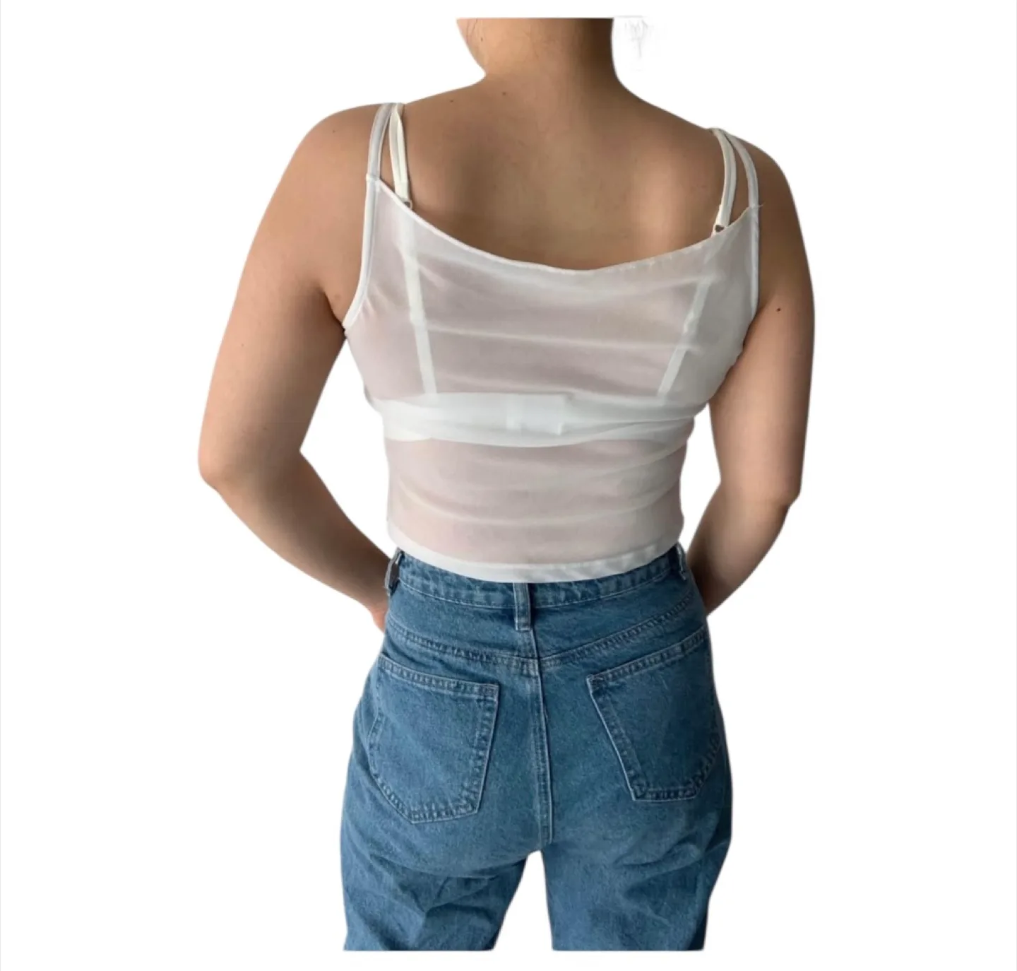 Vintage 90s Crop Top Spaghetti Straps Sheer White S/M image indicator(4)