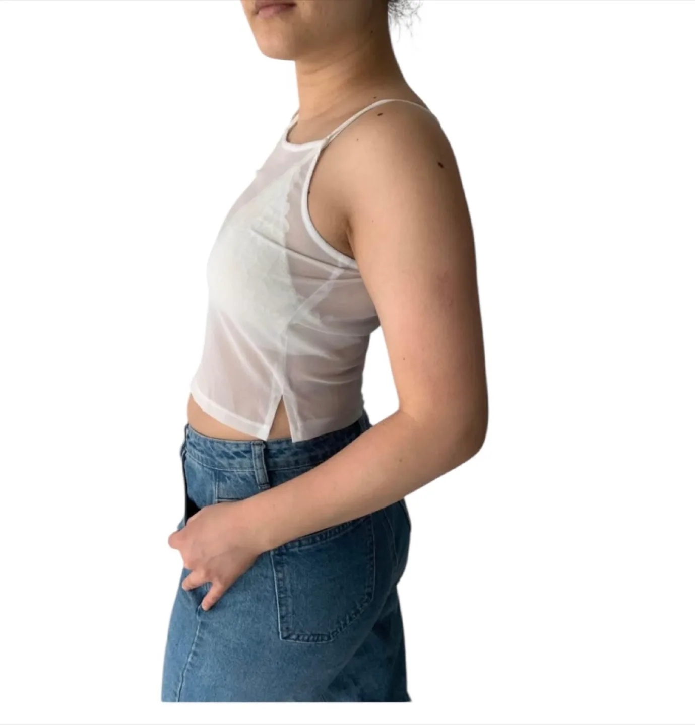 Vintage 90s Crop Top Spaghetti Straps Sheer White S/M image indicator(3)