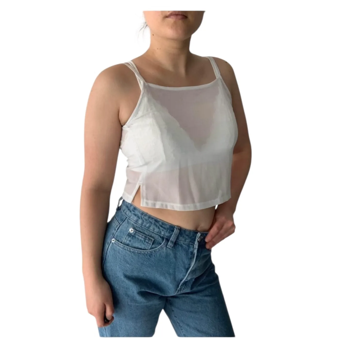 Vintage 90s Crop Top Spaghetti Straps Sheer White S/M image indicator(2)