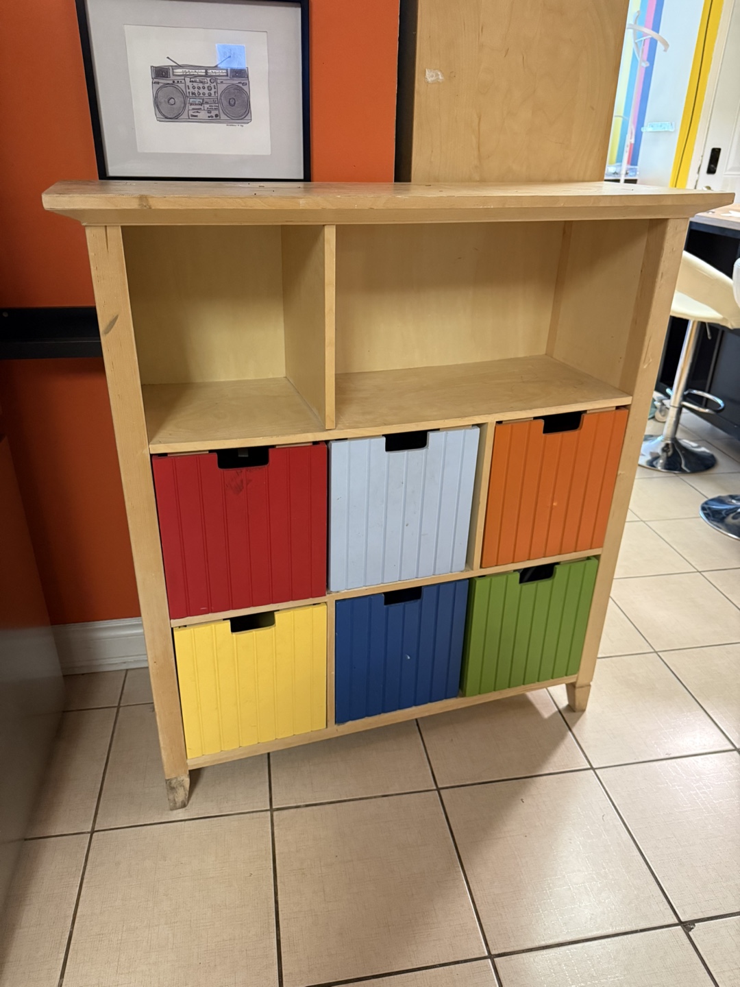 Wooden Shelf with Colourful Bins