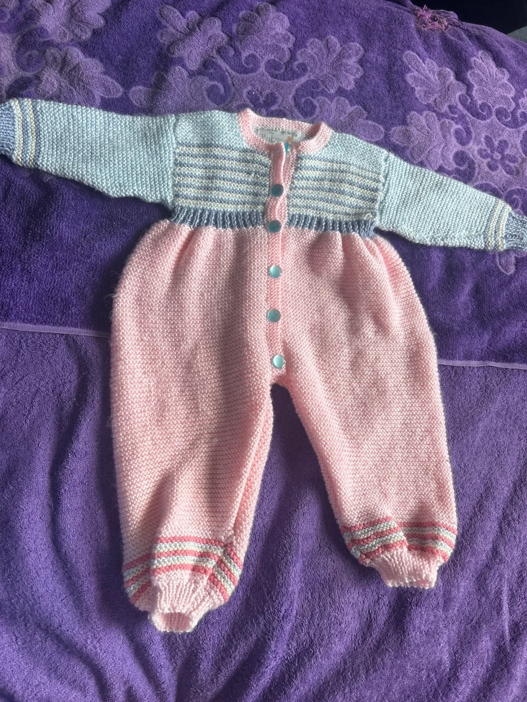 Hand-knitted Baby Onesie - Pink & Blue thumbnail