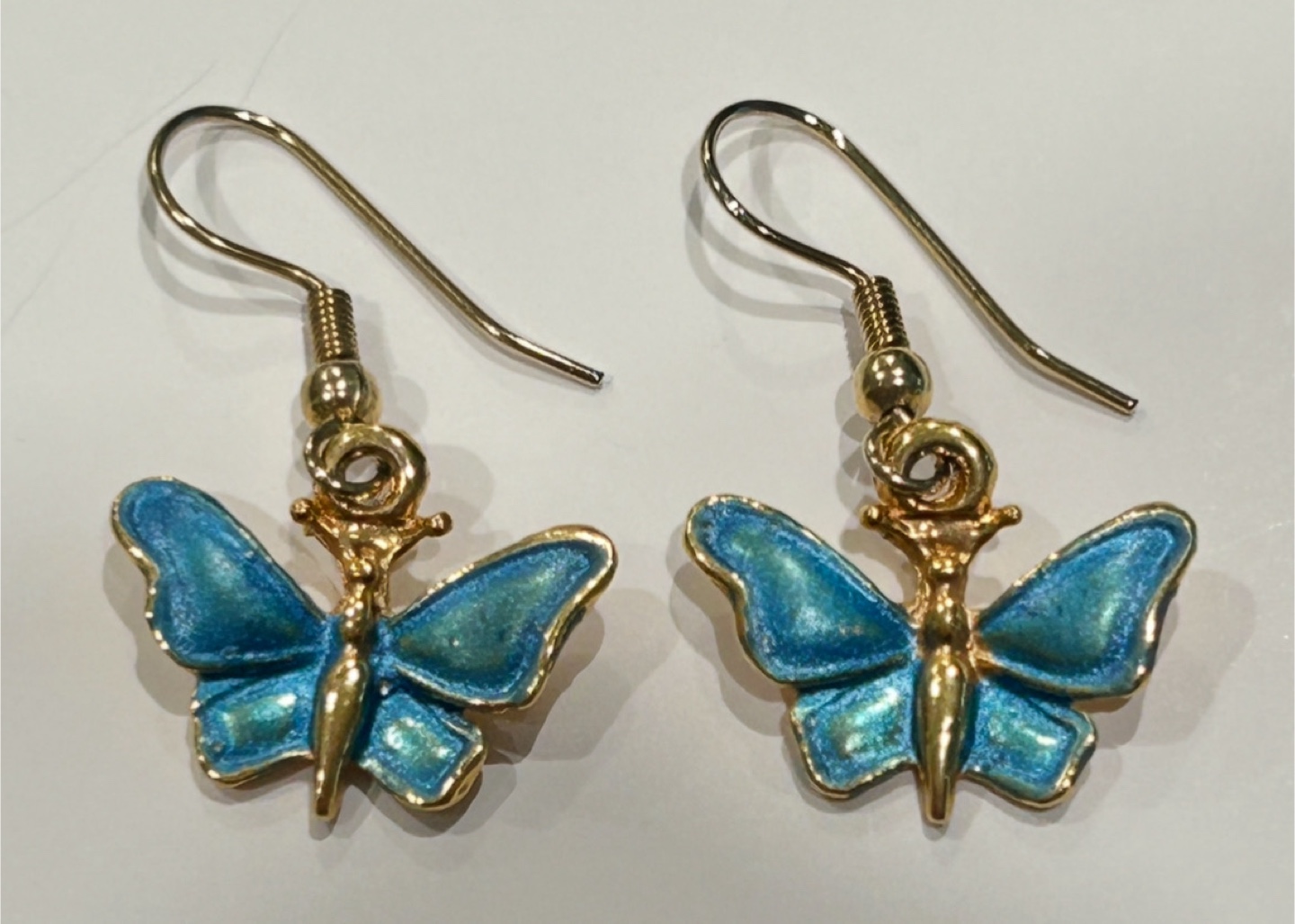 Gold Tone Butterfly DropEarrings with Blue Wings