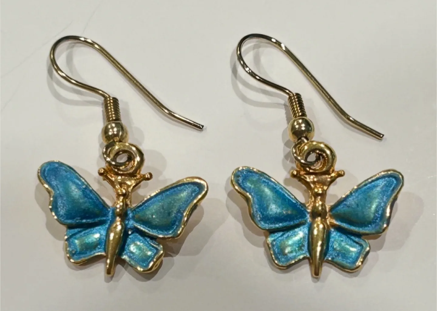 Gold Tone Butterfly DropEarrings with Blue Wings