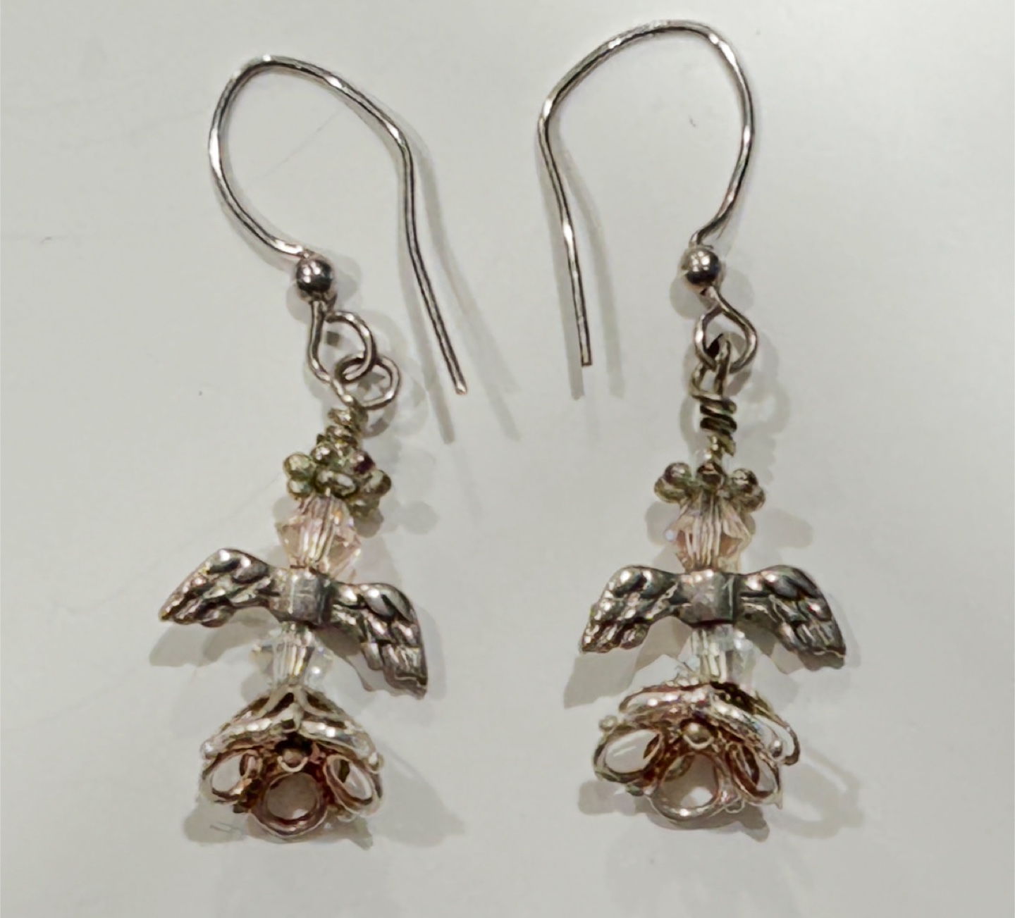 Silver Tone Totem Style Drop Earrings (Wings and Flower Theme)
