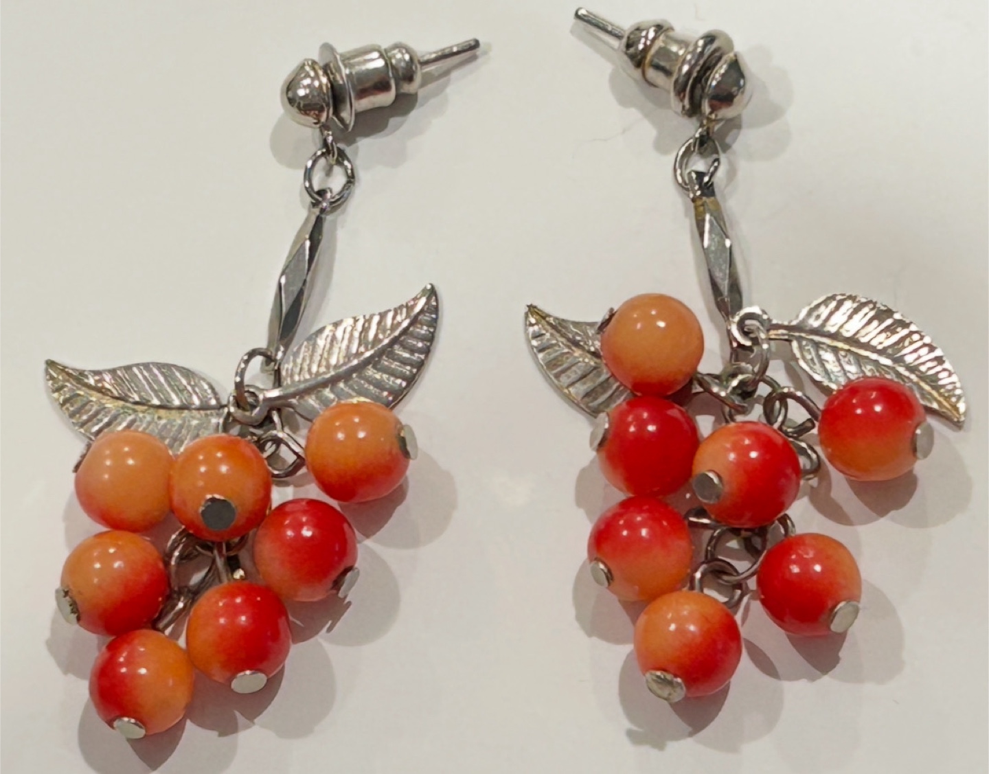 Vintage Silver Tone Red Grapevine Chandelier Style Drop Earrings