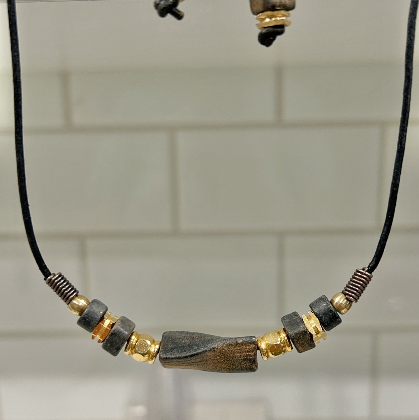 Stone/Wood Like Beaded Necklace with Matching Drop Earring Set - photo 3