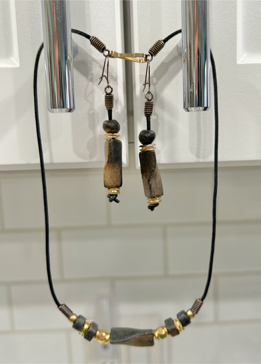 Stone/Wood Like Beaded Necklace with Matching Drop Earring Set