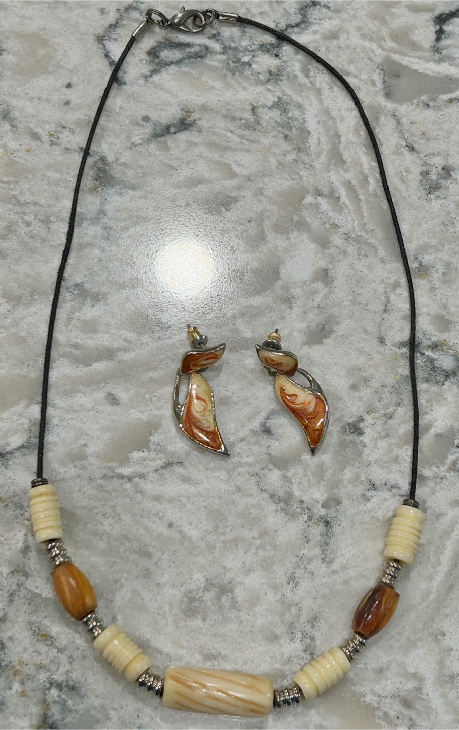 Cream and Brown Toned Beaded Necklace and Drop Earring Set - photo 2