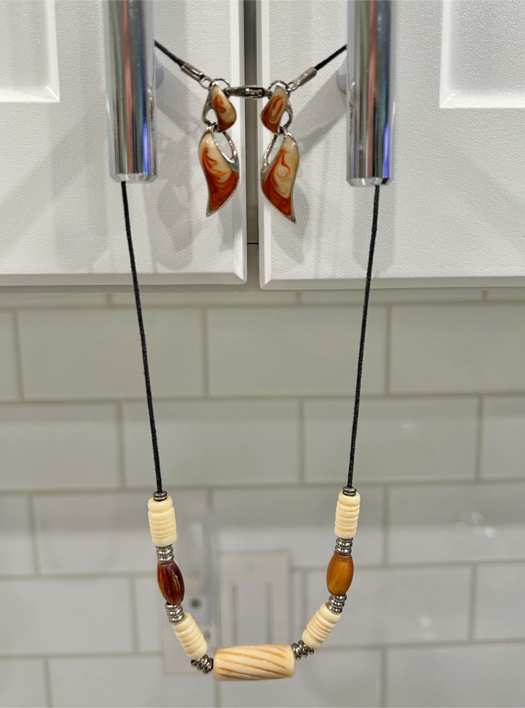 Cream and Brown Toned Beaded Necklace and Drop Earring Set