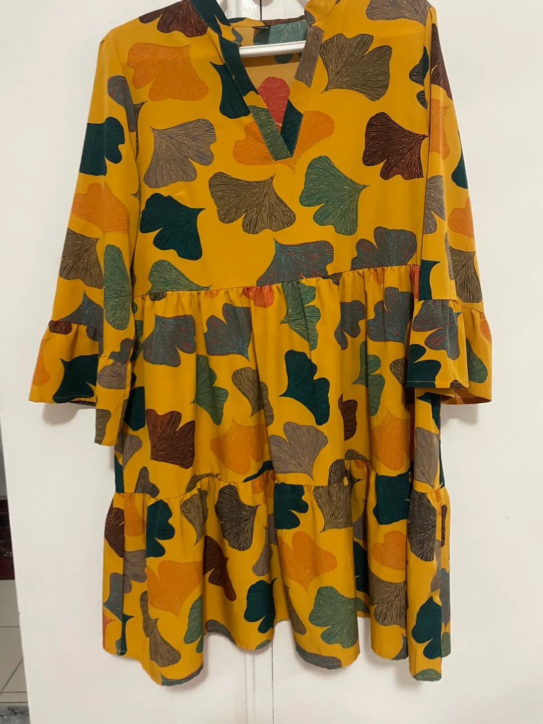 Shein Yellow Leaf Print Ruffle Hem Dress image indicator(3)