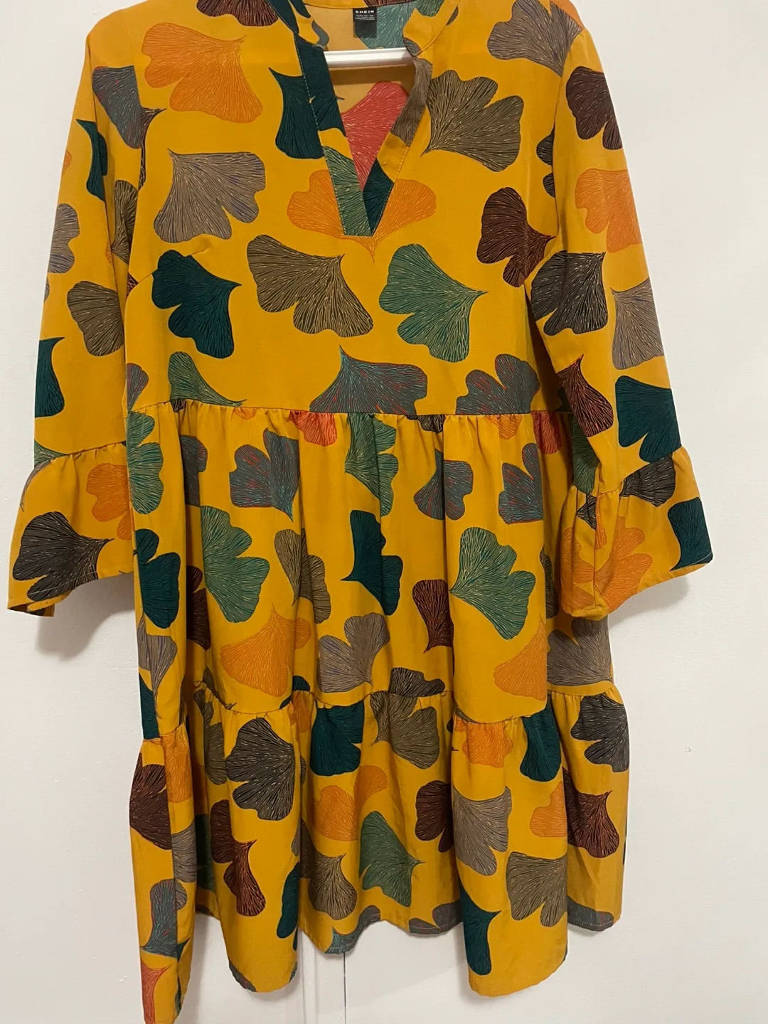 Shein Yellow Leaf Print Ruffle Hem Dress image indicator(2)