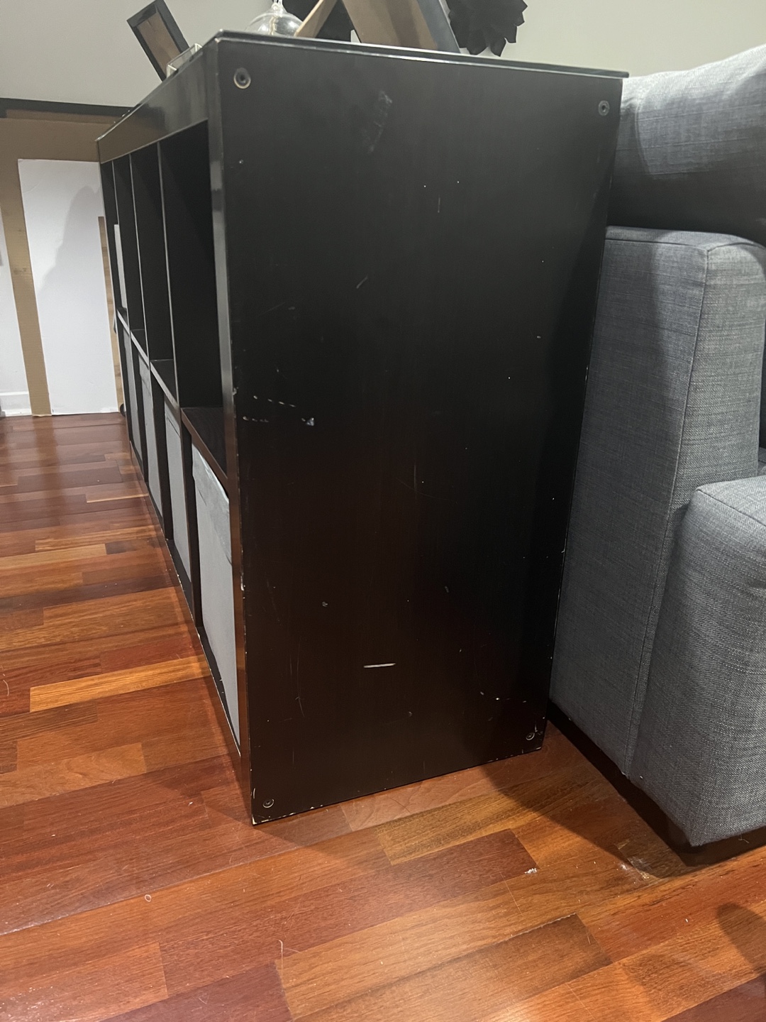 Black IKEA Kallax Shelf Unit with 4 Gray Inserts - photo 2