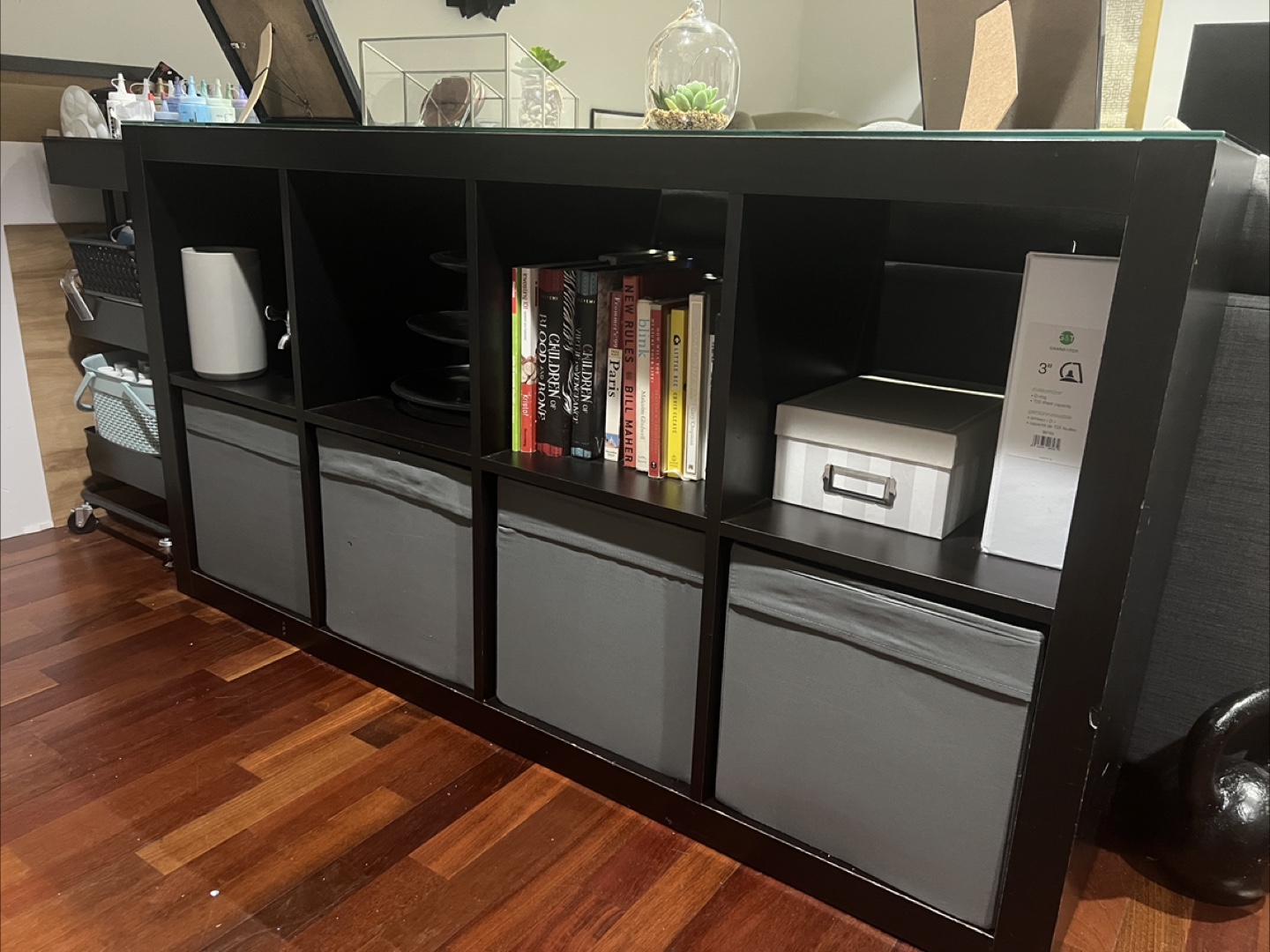 Black IKEA Kallax Shelf Unit with 4 Gray Inserts