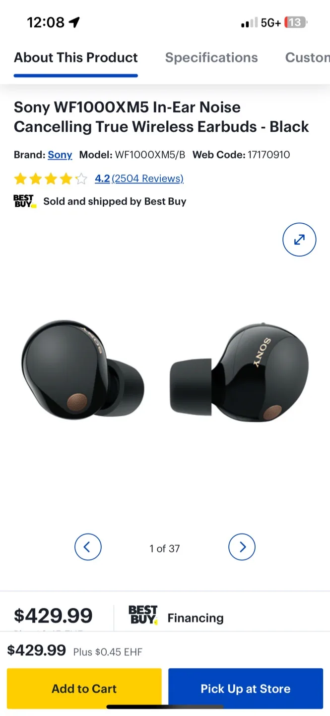 New Sony WF-1000XM5 Noise Cancelling Earbuds - Black thumbnail
