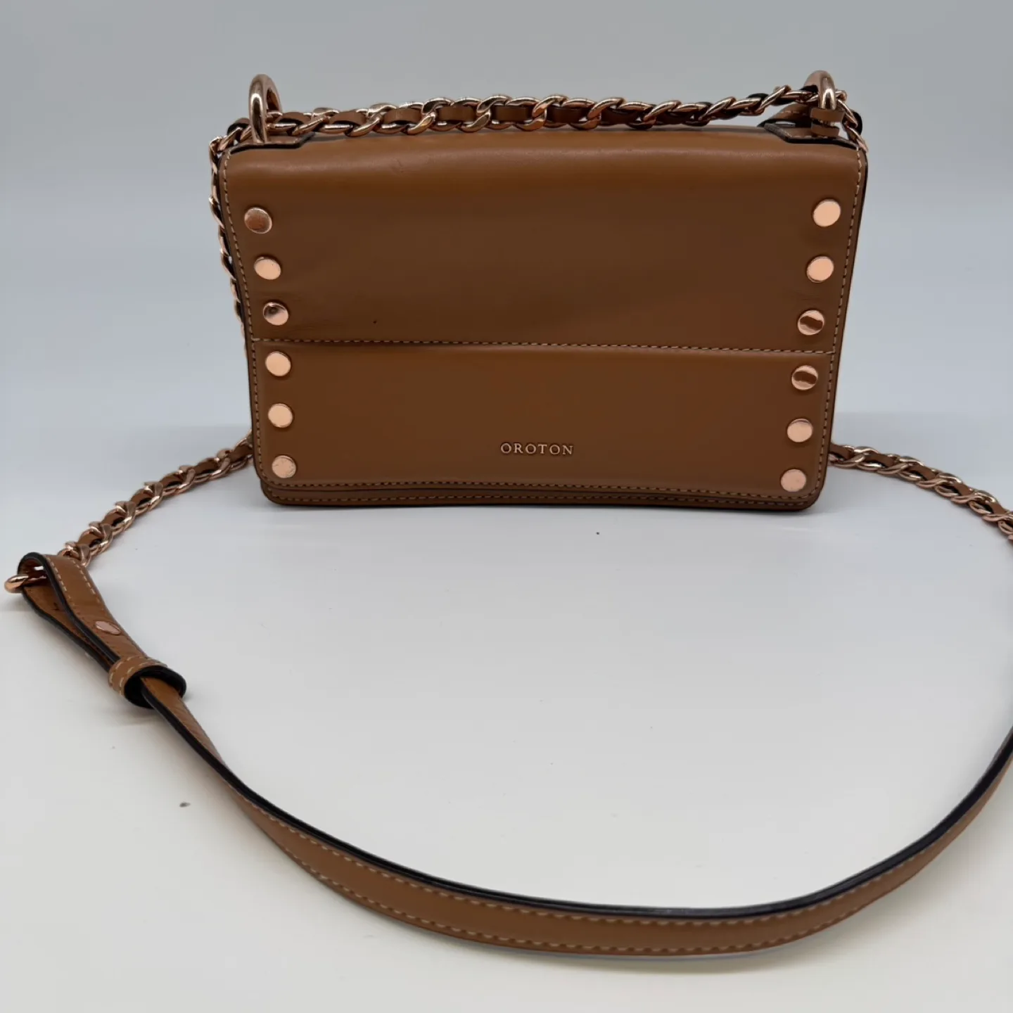 Oroton Tan Leather Shoulder Bag with Rose Gold Chain thumbnail