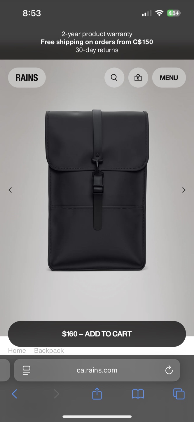 RAINS waterproof black backpack