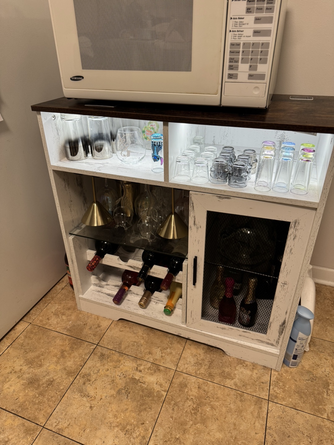 White Distressed Bar Cabinet with Wine Storage